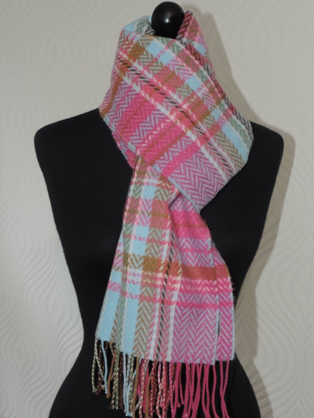Scarf SOFTER THAN CASHMERE? D&Y Plaid Pink Blue Green Brown 12" x 64" + Fringe